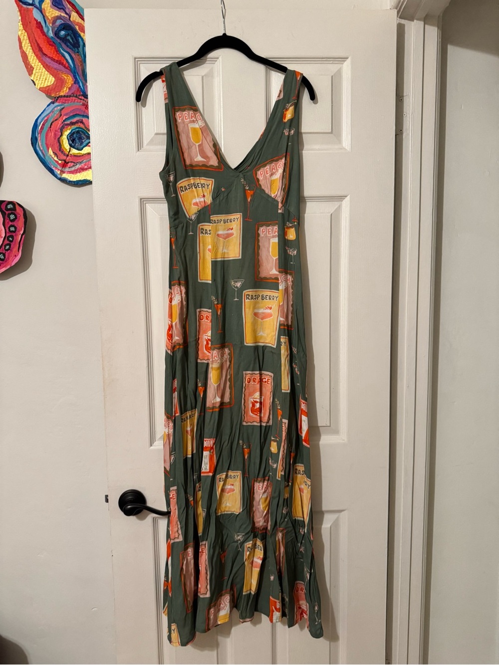 Sleeveless V-Neck Midi Dress in Olive with Citrus Print